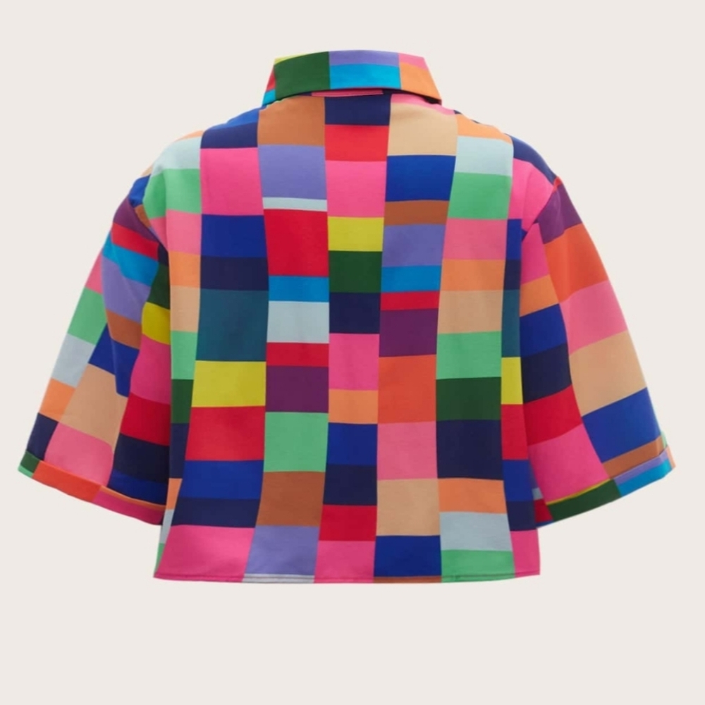 Colourful Checkered/Plaid Button-Up Short Sleeve Shirt with Collar - Picture 2 of 11